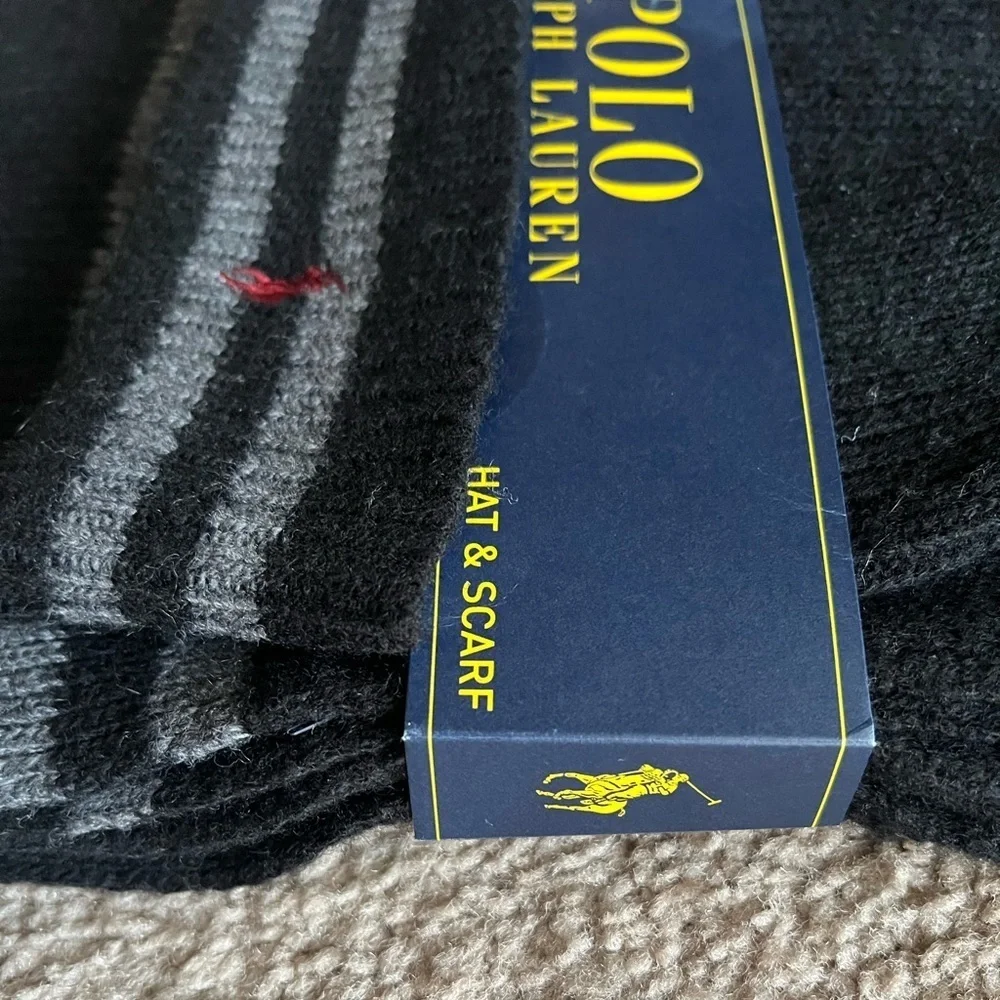 New Polo by Ralph Lauren Scarf and Hat Set in Gray and Black NWT